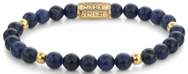 Bracciale in pietre preziose di sodalite blu di 6 mm con chiusura in acciaio inossidabile placcato in oro - Modello Rebel&Rose: RR-60137-G-S