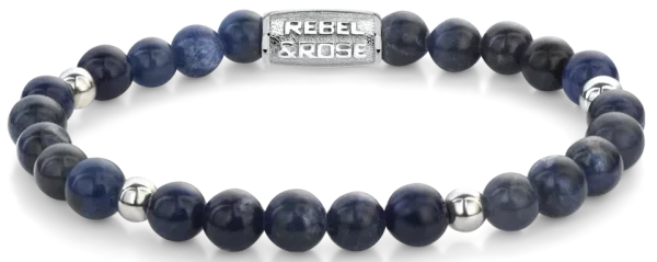 Bracciale in pietre preziose di sodalite blu di 6 mm con chiusura in acciaio inossidabile - Modello Rebel&Rose: RR-60138-S-M