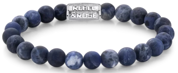 Bracciale in pietre di sodalite da 8 mm con chiusura in acciaio inox - Modello Rebel&Rose: RR-80022-S-L