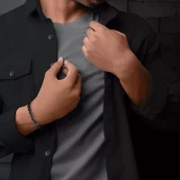 Bracciale in pietre di Larvikite da 8 mm con chiusura in acciaio inossidabile - Modello Rebel&Rose: RR-80025-S-L