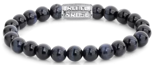 Bracciale in pietre di occhio di tigre blu scuro di 8 mm con chiusura in acciaio inossidabile - Modello Rebel&Rose: RR-80039-S-L