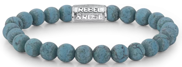 Bracciale in pietre di turchese da 8 mm con chiusura in acciaio inossidabile - Modello Rebel&Rose: RR-80043-S-M