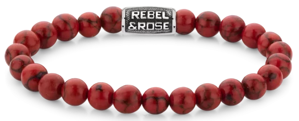Bracciale con pietre preziose rosse di 8 mm e chiusura in acciaio inossidabile grigio - Modello Rebel&Rose: RR-80099-V-L