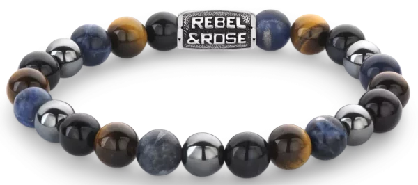 Bracciale in Sodalite da 8 mm, occhio di tigre giallo, occhio di tigre blu e ematite grigia con chiusura in acciaio inossidabile grigio - Modello Rebel&Rose: RR-80100-V-L