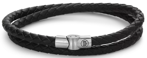 Armband aus zwei 5mm dicken, schwarzen Lederschnüren mit Edelstahlverschluss - Rebel&Rose Modell: RR-M0038-S-L