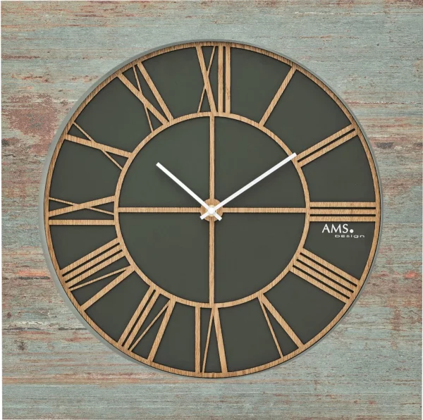 klassische Wanduhr, quadratisch mit blauem Holzgehäuse - AMS Modell: 9640