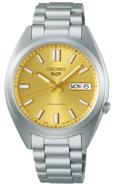 Seiko 5 Sports Automatik-Herrenuhr Gelbes Zifferblatt Edelstahlband Kaliber 4R36