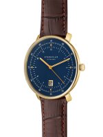 Elegante Herrenuhr Hamburg Quarz Saphirglas Datumsanzeige Dunkelblau Goldfarben Lederarmband - Sternglas Modell: S01-HH07-HE01