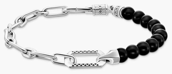 Armband mit schwarzen Onyx-Beads und Kettengliedern Silber