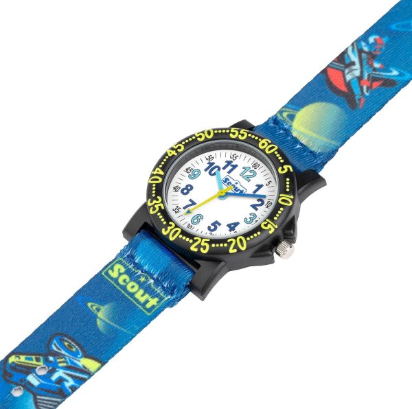 Scout Kinderuhr analog aus der Serie "The IT Collection" mit blauem Textilband, Weltraum-Motiven und Quarzwerk