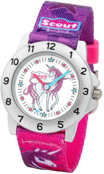 Scout Kinderuhr analog aus der Serie "Action" mit pink lilanem Textilband mit Einhorn-Motiv und Quarzwerk
